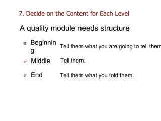 Beginnin
g
Middle
End
Tell them what you are going to tell them
Tell them.
Tell them what you told them.
A quality module needs structure
7. Decide on the Content for Each Level
 