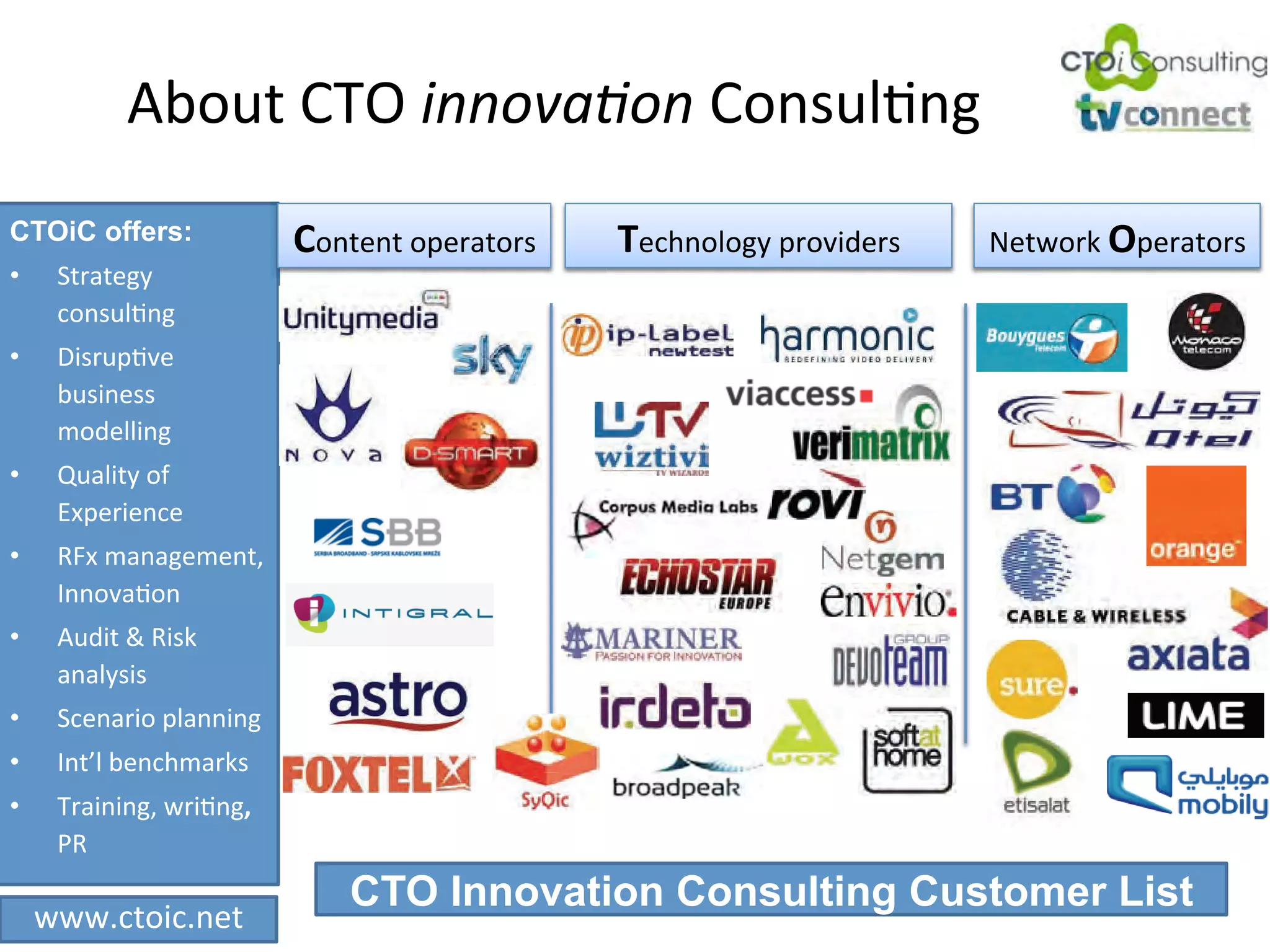 P>.G)'JBM'2##*3"4*#(J.%(GLO%&'
CTOiC offers:                   P.%)+%)'./+*").*('         Q+34%.L.&,'/*.N$1+*('     [+)<.*K'O/+*").*(''
•!     ;)*")+&,'
       3.%(GLO%&'
•!     d$(*G/ON+'
       >G($%+(('
       #.1+LL$%&'
•!     xG"L$),'.-'
       jg/+*$+%3+'
•!     bYg'#"%"&+#+%)H'
       F%%.N"O.%'
•!     PG1$)'q'b$(K'
       "%"L,($('
•!     ;3+%"*$.'/L"%%$%&'
•!     F%)SL'>+%34#"*K('
•!     B*"$%$%&H'<*$O%&N"
       Wb'
                                        CTO Innovation Consulting Customer List
     <<<@3).$3@%+)'
       !"#$%&'()*")+&,'-.*'./+*").*('          0.%1.%'2"*34'5678' 9+%:"#$%';34<"*='>(?3).$3@%+)'A'5X'
 