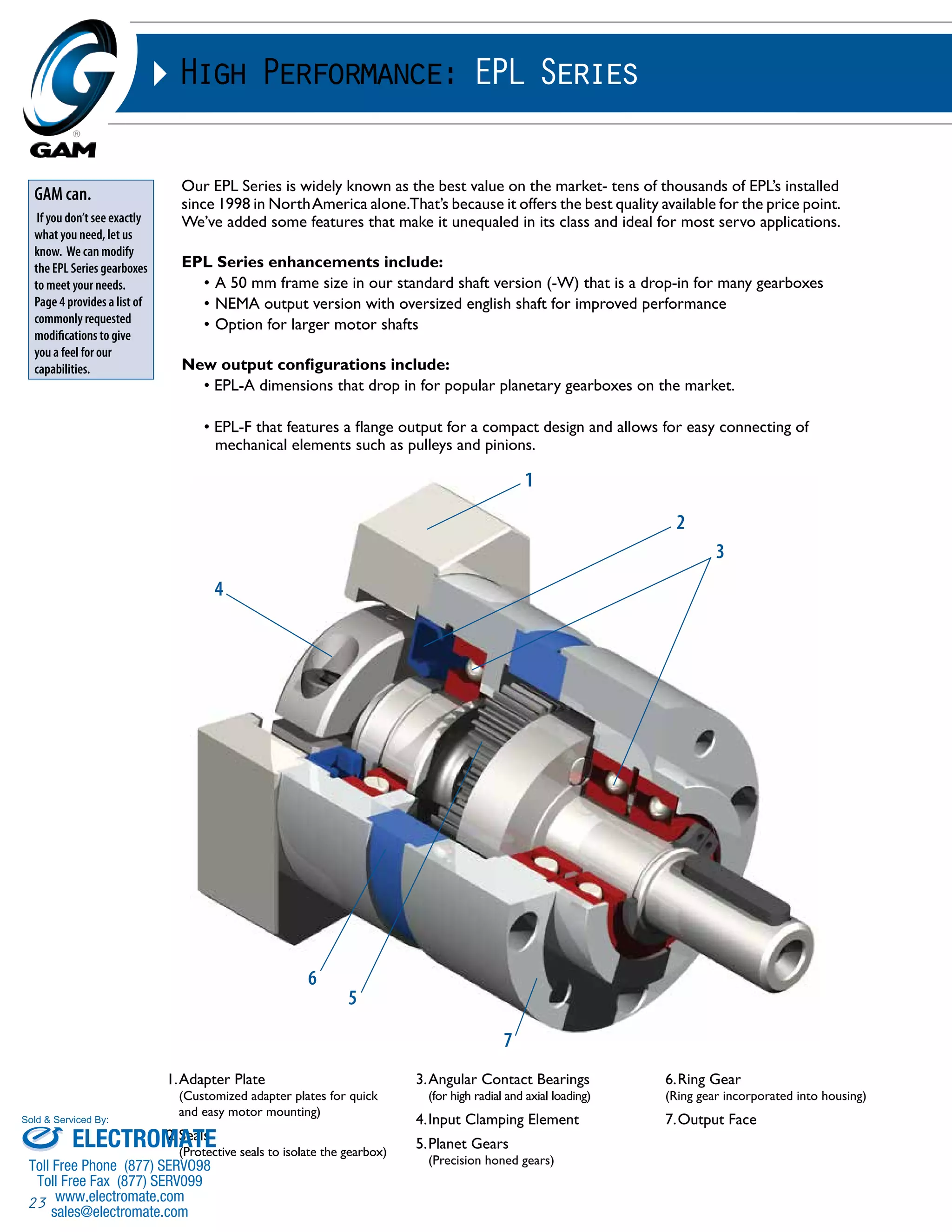 Sold & Serviced By: 
23 
High Performance: EPL Series 
Our EPL Series is widely known as the best value on the market- tens of thousands of EPL’s installed 
since 1998 in North America alone. That’s because it offers the best quality available for the price point. 
We’ve added some features that make it unequaled in its class and ideal for most servo applications. 
EPL Series enhancements include: 
• A 50 mm frame size in our standard shaft version (-W) that is a drop-in for many gearboxes 
• NEMA output version with oversized english shaft for improved performance 
• Option for larger motor shafts 
New output configurations include: 
• EPL-A dimensions that drop in for popular planetary gearboxes on the market. 
• EPL-F that features a flange output for a compact design and allows for easy connecting of 
mechanical elements such as pulleys and pinions. 
1. Adapter Plate 
(Customized adapter plates for quick 
and easy motor mounting) 
2. Seals 
(Protective seals to isolate the gearbox) 
3. Angular Contact Bearings 
(for high radial and axial loading) 
4. Input Clamping Element 
5. Planet Gears 
(Precision honed gears) 
6. Ring Gear 
(Ring gear incorporated into housing) 
7. Output Face 
GAM can. 
If you don’t see exactly 
what you need, let us 
know. We can modify 
the EPL Series gearboxes 
to meet your needs. 
Page 4 provides a list of 
commonly requested 
modifications to give 
you a feel for our 
capabilities. 
1 
4 
2 
3 
6 
5 
7 
ELECTROMATE 
Toll Free Phone (877) SERVO98 
Toll Free Fax (877) SERV099 
www.electromate.com 
sales@electromate.com 
 
