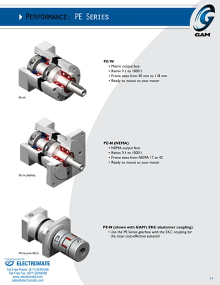 44 
Performance: PE Series 
PE-W 
• Metric output face 
• Ratios 3:1 to 1000:1 
• Frame sizes from 50 mm to 118 mm 
• Ready to mount to your motor 
PE-N (NEMA) 
• NEMA output face 
• Ratios 3:1 to 1000:1 
• Frame sizes from NEMA 17 to 42 
• Ready to mount to your motor 
PE-W 
PE-N (NEMA) 
PE-N (shown with GAM’s EKC elastomer coupling) 
• Use the PE Series gearbox with the EKC coupling for 
the most cost-effective solution! 
PE-N (with EKC) 
ELECTROMATE 
Sold & Serviced By: 
Toll Free Phone (877) SERVO98 
Toll Free Fax (877) SERV099 
www.electromate.com 
sales@electromate.com 
 
