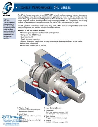 Sold & Serviced By: 
15 
Highest Performance: SPL Series 
The SPL is the next generation of our I.M.P.A.C.T.® series. It has been designed with the latest servo 
motors and your most demanding motion control applications in mind. The SPL can handle oversized 
motor shafts, higher input speeds, and high torques. Now the SPL has been expanded to incorporate our 
unique Integrated Modular Planetary and Coupling Technology (I.M.P.A.C.T.®). Our planetary and coupling 
package increases system stiffness and reduces the overall costs of conventional packages. 
The SPL gearbox performance and quality, along with GAM’s manufacturing flexibility and overall 
service, will provide you with the best solution on the market! 
Benefits of the SPL Series include: 
• Precision gears equal low backlash with quiet operation 
• Long wear life: 30,000 hours 
• Lubricated for life 
• Ready for motor mounting 
• Output dimensions match those of many conventional planetary gearboxes on the market 
• Ratios from 3:1 to 100:1 
• Frame sizes from 60 mm to 180 mm 
GAM can. 
If you don’t see exactly 
what you need, let us 
know. We can modify 
the SPL Series gearboxes 
to meet your needs. 
Page 4 provides a list of 
commonly requested 
modifications to give 
you a feel for our 
capabilities. 
1. Adapter Flange 
(Customized adapter flanges for quick 
and easy motor mounting) 
2. Viton® Seals 
(Protective seals to isolate the gearbox) 
3. Bearings 
(Tapered roller bearings accomodate high 
overhung loads ) 
4. Input Clamping Element 
5. Planet Gears 
(Extra large face width gears pack a high 
level of torque in a small gearbox frame) 
6. Gear Housing 
(Ring gear incorporated into housing) 
7. Keyway 
(Available with keyway on output shaft) 
1 
4 
2 
3 
5 
6 
3 
7 
ELECTROMATE 
Toll Free Phone (877) SERVO98 
Toll Free Fax (877) SERV099 
www.electromate.com 
sales@electromate.com 
 