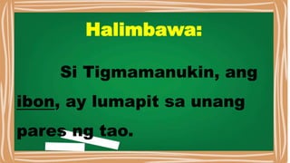 Halimbawa:
Si Tigmamanukin, ang
ibon, ay lumapit sa unang
pares ng tao.
 