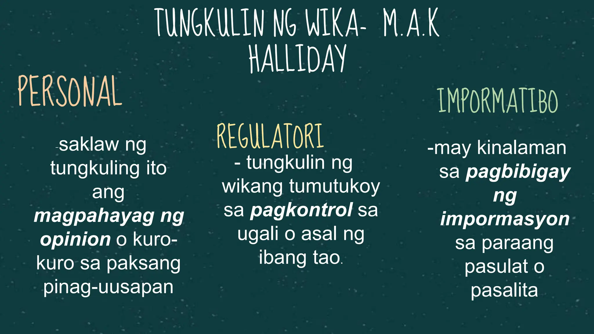 PERSONAL
-saklaw ng
tungkuling ito
ang
magpahayag ng
opinion o kuro-
kuro sa paksang
pinag-uusapan
REGULATORI
- tungkulin ng
wikang tumutukoy
sa pagkontrol sa
ugali o asal ng
ibang tao.
IMPORMATIBO
-may kinalaman
sa pagbibigay
ng
impormasyon
sa paraang
pasulat o
pasalita
TUNGKULIN NG WIKA- M.A.K
HALLIDAY
 