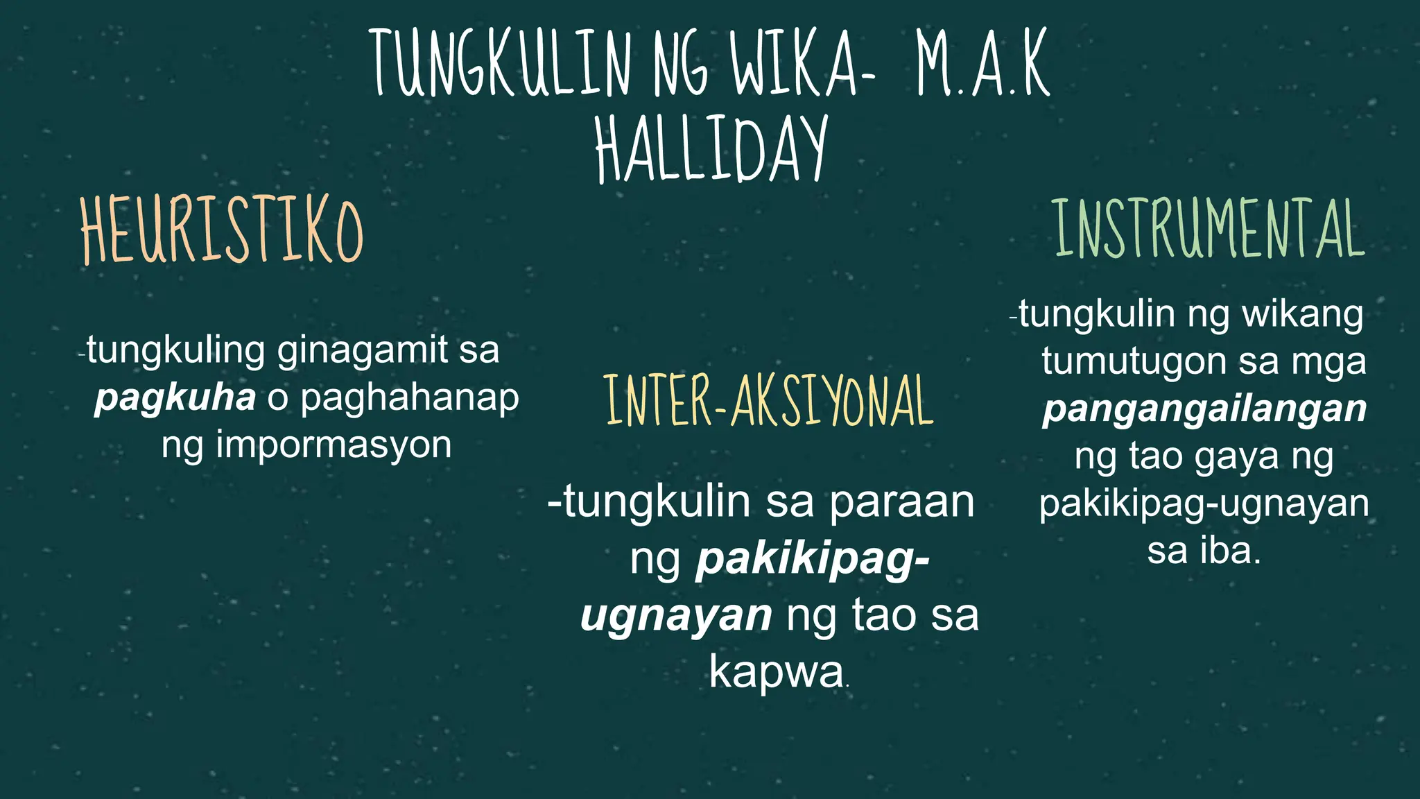HEURISTIKO
-tungkuling ginagamit sa
pagkuha o paghahanap
ng impormasyon
INTER-AKSIYONAL
-tungkulin sa paraan
ng pakikipag-
ugnayan ng tao sa
kapwa.
INSTRUMENTAL
-tungkulin ng wikang
tumutugon sa mga
pangangailangan
ng tao gaya ng
pakikipag-ugnayan
sa iba.
TUNGKULIN NG WIKA- M.A.K
HALLIDAY
 
