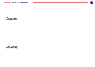 Chapter 2: Basics of Investment
Planning
20
increase the real value of the
money. Inother wordsyour
investment should be able to
beatinflation.
Taxation
Income from our investment
assets isliable to taxation, which
is going to reduce our returns.
You should remember that the
real return (read positive return)
from any investment product
would l be the return after
accounting for taxation
andinflation.
Liquidity
It is the ability to convert an
investment into cash quickly, without
the loss of a significant amount of the
value of the investment. If you would
need a particular amount at a short
notice then invest in a investment
product
 