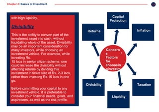 Chapter 2: Basics of Investment
Planning
21
with high liquidity.
Divisibility
This is the ability to convert part of the
investment asset into cash, without
liquidating whole of the asset. Divisibility
may be an important consideration for
many investors, while choosing an
investment vehicle. For example, while
investing Rs.
15 lacs in senior citizen scheme, one
could increase the divisibility without
affecting returns by dividing this
investment in ticket size of Rs. 2-3 lacs,
rather than investing Rs.15 lacs in one
go.
Before committing your capital to any
investment vehicle, it is preferable to
consider your financial needs, goals, and
aspirations, as well as the risk profile.
Concern
s /
Factors
for
chooosin
ginvestm
ent
TaxationDivisbility
InflationReturns
Capital
Protection
Liquidity
 