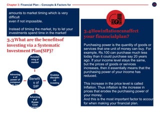 25Chapter 3: Financial Plan – Concepts & Factors for
Success
3.3What are the benefitsof
investing via a Systematic
Investment Plan(SIP)?
3.4Howinflationcanaffect
your financialplan?
Purchasing power is the quantity of goods or
services that one unit of money can buy. For
example, Rs.100 can purchase much less
today than it could purchase say 20 years
ago. If your income level stays the same,
but the prices of goods or services
increases, then it essentially means that the
purchasing power of your income has
reduced.
This increase in the price level is called
Inflation. Thus inflation is the increase in
prices that erodes the purchasing power of
your money.
And this is the most important factor to account
for when making your financial plan.
Advantag
e of
power of
compoun
d- ing
Benefit
s of
SIP
Advantag
e of
Rupee
Cost
Averagin
g
Enables
disciplin
ed
investing
amounts to market timing which is very
difficult
even if not impossible.
Instead of timing the market, try to let your
investments spend time in the market!
Aviodstii
ming of
market
 