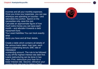 Chapter4: Howtoplanforyourlife-
stage
50
incomes and all your monthly expenses.
Once you know your expenses, you can see
whereyou are spending on luxuries – and
rationalize this portion. Spend on the
necessities only, save the rest.
Calculate an approximate figure of how
much extra money you can save each
month – and allocate it towards a debt
repayment fund.
Your exact liabilities You can track exactly
what
debts you have and all their details.
Create a table which contains all details of
the various loans taken, loan type, each
loan’s outstanding tenure, EMI, rate of
interestand
outstanding amount. The rule to be followed
is pay off the highest interest rate debt first.
Loans restructuring can be done in two
ways. First, restructure your loan for a
lower Interest rate. Second, refinance your
existing high rate loan by taking a fresh
loan at a lower rate.
 