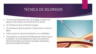 TÉCNICA DE SELDINGER.
a) Punción percutánea del vaso con la aguja, se aspira con
aguja y si sale sangre nos encontramos en arteria.
b) Se introduce la guía a través de la aguja.
c) Se mantiene la guía en posición intraluminal y se retira la
aguja.
d) Sobre la guía se avanza el introductor con su dilatador .
e) El introductor en posición final después de retirar la guía y
el dilatador. Se ve el segmento en que se encuentra la
válvula hemostática que evita el sangrado retrogrado y
permite la entrada del catéter.
 
