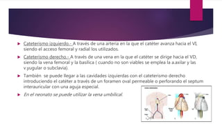  Cateterismo izquierdo.- A través de una arteria en la que el catéter avanza hacia el VI,
siendo el acceso femoral y radial los utilizados.
 Cateterismo derecho.- A través de una vena en la que el catéter se dirige hacia el VD,
siendo la vena femoral y la basílica ( cuando no son viables se emplea la a.axilar y las
v.yugular o subclavia).
 También se puede llegar a las cavidades izquierdas con el cateterismo derecho
introduciendo el catéter a través de un foramen oval permeable o perforando el septum
interauricular con una aguja especial.
 En el neonato se puede utilizar la vena umbilical.
 