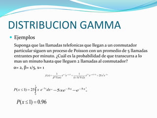 DISTRIBUCION GAMMA
 Ejemplos
Suponga que las llamadas telefonicas que llegan a un conmutador
particular siguen un proceso de Poisson con un promedio de 5 llamadas
entrantes por minuto. ¿Cuál es la probabilidad de que transcurra a lo
mas un minuto hasta que lleguen 2 llamadas al conmutador?
α= 2, β= 1/5, x= 1
xxx
exexexxf 52)5/1/(12
3
/1
25
)2()5/1(
1
)(
1
)(
1
0
5
25)1( dxexxP x xx
exe 55
5
1
0
96.0)1(xP
 