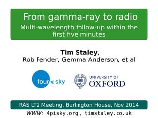 From gamma-ray to radio
Multi-wavelength follow-up within the
ﬁrst ﬁve minutes
Tim Staley,
Rob Fender, Gemma Anderson, et al
RAS LT2 Meeting, Burlington House, Nov 2014
WWW: 4pisky.org , timstaley.co.uk
 