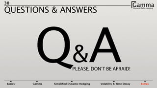 30
QUESTIONS & ANSWERS
Q&APLEASE, DON’T BE AFRAID!
GammaDynamic Delta HedgingΓ
Basics Gamma Simpliﬁed Dynamic Hedging Volatility & Time Decay Extras
 