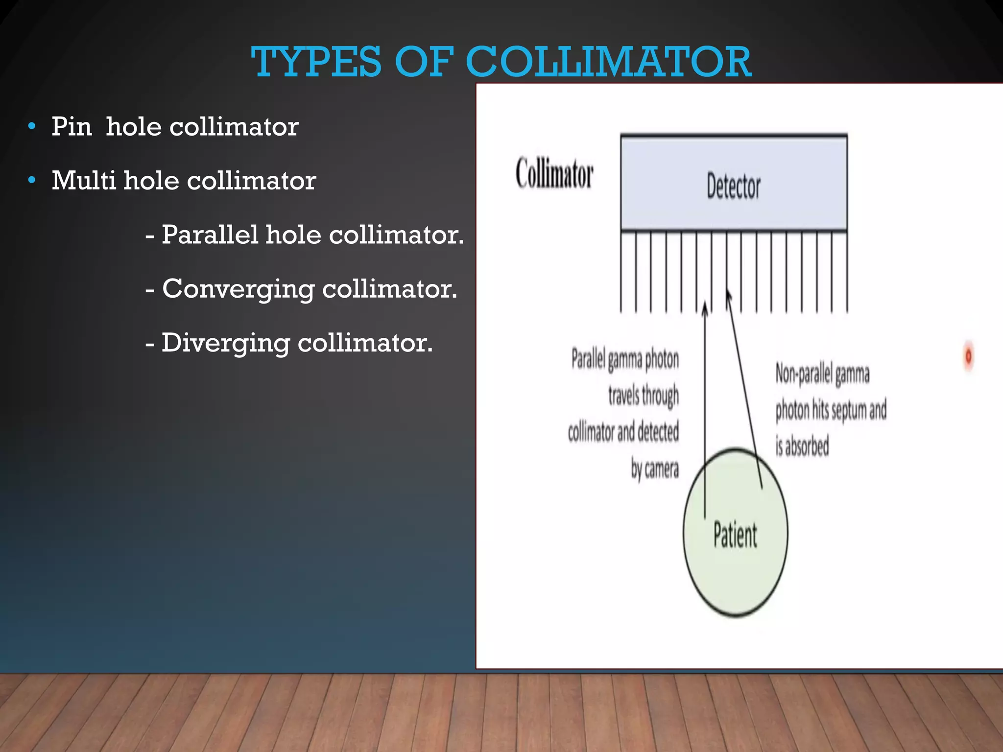 TYPES OF COLLIMATOR
• Pin hole collimator
• Multi hole collimator
- Parallel hole collimator.
- Converging collimator.
- Diverging collimator.
 