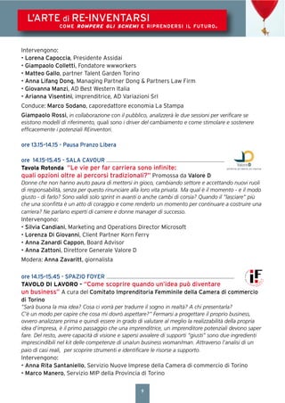 9
L’ARTE di RE-INVENTARSI
COME ROMPERE GLI SCHEMI E RIPRENDERSI IL FUTURO.
Intervengono:
• Lorena Capoccia, Presidente Assidai
• Giampaolo Colletti, Fondatore wwworkers
• Matteo Gallo, partner Talent Garden Torino
• Anna Lifang Dong, Managing Partner Dong & Partners Law Firm
• Giovanna Manzi, AD Best Western Italia
• Arianna Visentini, imprenditrice, AD Variazioni Srl
Conduce: Marco Sodano, caporedattore economia La Stampa
Giampaolo Rossi, in collaborazione con il pubblico, analizzerà le due sessioni per veriﬁcare se
esistono modelli di riferimento, quali sono i driver del cambiamento e come stimolare e sostenere
efﬁcacemente i potenziali REinventori.
ore 13.15–14.15 - Pausa Pranzo Libera
ore 14.15-15.45 - SALA CAVOUR
Tavola Rotonda “Le vie per far carriera sono inﬁnite:
quali opzioni oltre ai percorsi tradizionali?” Promossa da Valore D
Donne che non hanno avuto paura di mettersi in gioco, cambiando settore e accettando nuovi ruoli
di responsabilità, senza per questo rinunciare alla loro vita privata. Ma qual è il momento - e il modo
giusto - di farlo? Sono validi solo sprint in avanti o anche cambi di corsia? Quando il “lasciare” più
che una sconﬁtta è un atto di coraggio e come renderlo un momento per continuare a costruire una
carriera? Ne parlano esperti di carriere e donne manager di successo.
Intervengono:
• Silvia Candiani, Marketing and Operations Director Microsoft
• Lorenza Di Giovanni, Client Partner Korn Ferry
• Anna Zanardi Cappon, Board Advisor
• Anna Zattoni, Direttore Generale Valore D
Modera: Anna Zavaritt, giornalista
ore 14.15–15.45 - SPAZIO FOYER
TAVOLO DI LAVORO - “Come scoprire quando un’idea può diventare
un business” A cura del Comitato Imprenditoria Femminile della Camera di commercio
di Torino
“Sarà buona la mia idea? Cosa ci vorrà per tradurre il sogno in realtà? A chi presentarla?
C’è un modo per capire che cosa mi dovrò aspettare?” Fermarsi a progettare il proprio business,
ovvero analizzare prima e quindi essere in grado di valutare al meglio la realizzabilità della propria
idea d’impresa, è il primo passaggio che una imprenditrice, un imprenditore potenziali devono saper
fare. Del resto, avere capacità di visione e sapersi avvalere di supporti “giusti” sono due ingredienti
imprescindibili nel kit delle competenze di una/un business woman/man. Attraverso l’analisi di un
paio di casi reali, per scoprire strumenti e identiﬁcare le risorse a supporto.
Intervengono:
• Anna Rita Santaniello, Servizio Nuove Imprese della Camera di commercio di Torino
• Marco Manero, Servizio MIP della Provincia di Torino
 