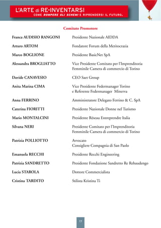 17
L’ARTE di RE-INVENTARSI
COME ROMPERE GLI SCHEMI E RIPRENDERSI IL FUTURO.
Comitato Promotore
Franca AUDISIO RANGONI Presidente Nazionale AIDDA
Arturo ARTOM Fondatore Forum della Meritocrazia
Marco BOGLIONE Presidente BasicNet SpA
Alessandra BROGLIATTO Vice Presidente Comitato per l’Imprenditoria
Femminile Camera di commercio di Torino
Davide CANAVESIO CEO Saet Group
Anita Marina CIMA Vice Presidente Federmanager Torino
e Referente Federmanager Minerva
Anna FERRINO Amministratore Delegato Ferrino & C. SpA
Caterina FIORITTI Presidente Nazionale Donne nel Turismo
Mario MONTALCINI Presidente Réseau Entreprendre Italia
Silvana NERI Presidente Comitato per l’Imprenditoria
Femminile Camera di commercio di Torino
Patrizia POLLIOTTO Avvocato
Consigliere Compagnia di San Paolo
Emanuela RECCHI Presidente Recchi Engineering
Patrizia SANDRETTO Presidente Fondazione Sandretto Re Rebaudengo
Lucia STAROLA Dottore Commercialista
Cristina TARDITO Stilista Kristina Ti
 