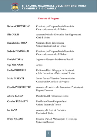 2
4° SALONE NAZIONALE DELL’IMPRENDITORIA
FEMMINILE E GIOVANILE5°
SALONE NAZIONALE DELL’IMPRENDITORIA
FEMMINILE E GIOVANILE
SALONEDELL’IM
PRENDITORIA FEMMIN
ILEEGIOVANILE Comitato di Progetto
Barbara CHIAVARINO Comitato per l’Imprenditoria Femminile
Camera di commercio di Torino
Ilda CURTI Assessore Politiche Giovanili e Pari Opportunità
Città di Torino
Daniela DEL BOCA Ordinario Dipt. di Economia
Università degli Studi di Torino
Stefania FUMAGALLI Comitato per l’Imprenditoria Femminile
Camera di commercio di Torino
Daniela ITALIA Segretario Generale Fondazione Rosselli
Ugo NESPOLO Artista
Emilio PAOLUCCI Ordinario Dipt. di Ingegneria Gestionale
e della Produzione - Politecnico di Torino
Mario PARENTI Senior Partner Valentina Communication
Coordinatore Comitato di Progetto
Claudia PORCHIETTO Assessore al Lavoro e alla Formazione Professionale
Regione Piemonte
Alberto RUSSO Presidente API Formazione Torino
Cristina TUMIATTI Presidente Giovani Imprenditori
Unione Industriale Torino
Ida VANA Assessore alle Attività Produttive
Provincia di Torino
Bruno VILLOIS Docente Dipt. di Management e Tecnologia
Università Bocconi
 