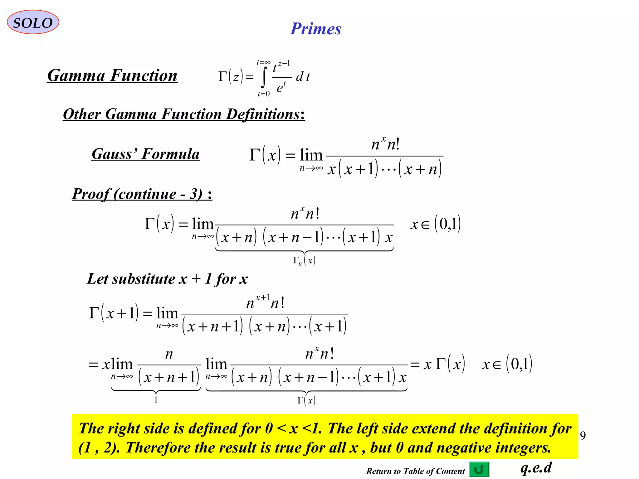 19
SOLO Primes
( ) ∫
∞=
=
−
=Γ
t
t
t
z
td
e
t
z
0
1
Let substitute x + 1 for x
Gamma Function
Other Gamma Function Definitions:
( )
( ) ( ) ( )
( )
( )1,0
11
!
lim ∈
+−++
=Γ
Γ
∞→
x
xxnxnx
nn
x
x
x
n
n
  

q.e.d
( )
( ) ( )nxxx
nn
x
x
n ++
=Γ
∞→ 1
!
limGauss’ Formula
Proof (continue - 3) :
( )
( ) ( ) ( )
( ) ( ) ( ) ( )
( )
( ) ( )1,0
11
!
lim
1
lim
11
!
lim1
1
1
∈Γ=
+−++++
=
++++
=+Γ
Γ
∞→∞→
+
∞→
xxx
xxnxnx
nn
nx
n
x
xnxnx
nn
x
x
x
nn
x
n
  

  

The right side is defined for 0 < x <1. The left side extend the definition for
(1 , 2). Therefore the result is true for all x , but 0 and negative integers.
Return to Table of Content
 