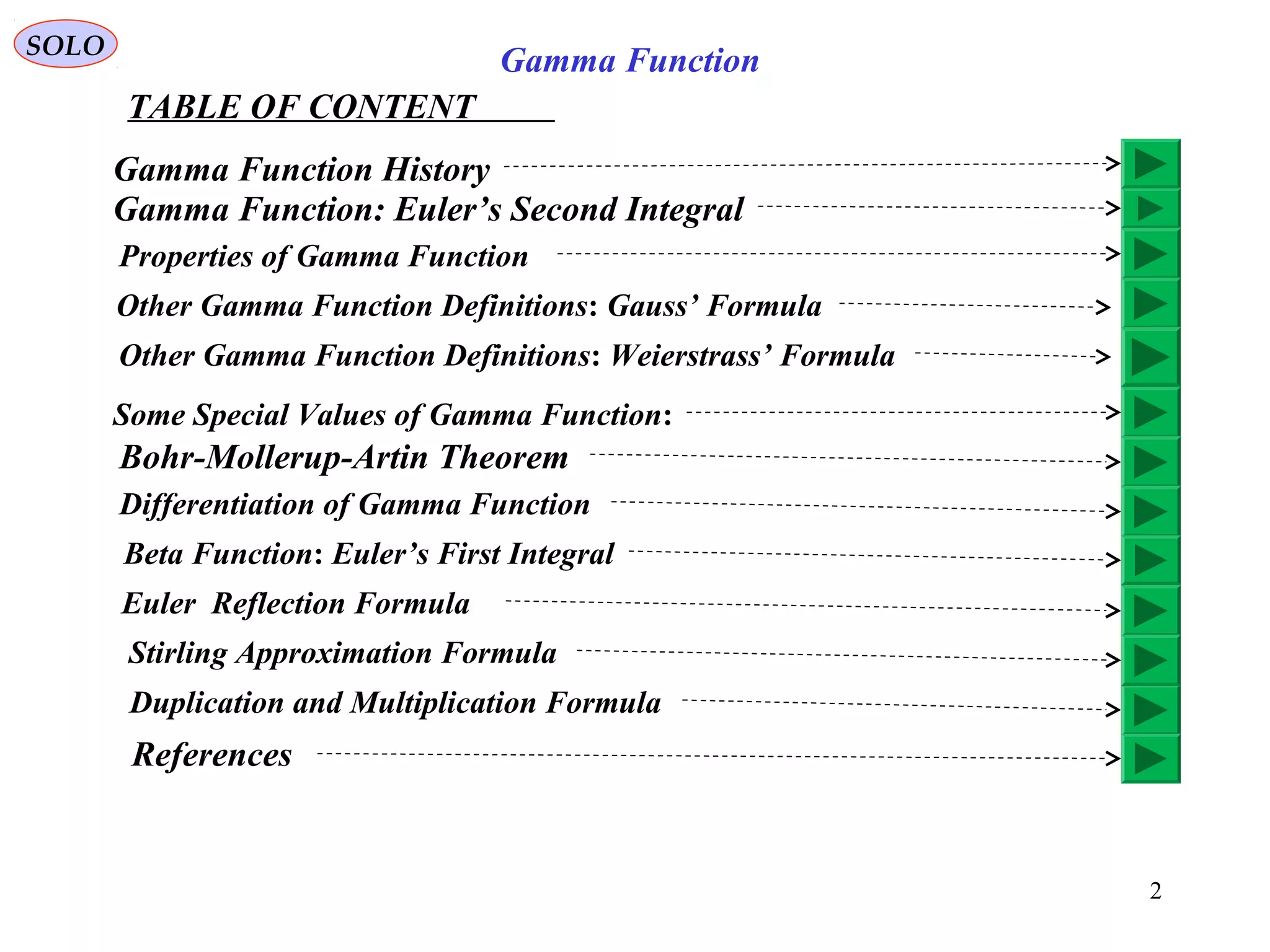 2
SOLO
TABLE OF CONTENT
Gamma Function
Gamma Function History
Gamma Function: Euler’s Second Integral
Properties of Gamma Function
Other Gamma Function Definitions: Gauss’ Formula
Some Special Values of Gamma Function:
Bohr-Mollerup-Artin Theorem
Other Gamma Function Definitions: Weierstrass’ Formula
Differentiation of Gamma Function
Beta Function: Euler’s First Integral
Euler Reflection Formula
Duplication and Multiplication Formula
Stirling Approximation Formula
References
 