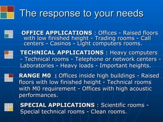 The response to your needs <ul><li>OFFICE APPLICATIONS  : Offices - Raised floors with low finished height - Trading rooms...