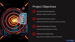 Project Objectives
Accurate Data Management
Maintain reliable student records.
Streamlined Communication
Facilitate interactions between staff and students.
Efficient Attendance Tracking
Automate daily attendance records.
Performance Monitoring
Easy access to academic results and reports.
 