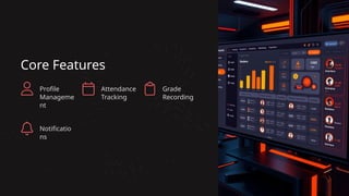 Core Features
Profile
Manageme
nt
Attendance
Tracking
Grade
Recording
Notificatio
ns
 
