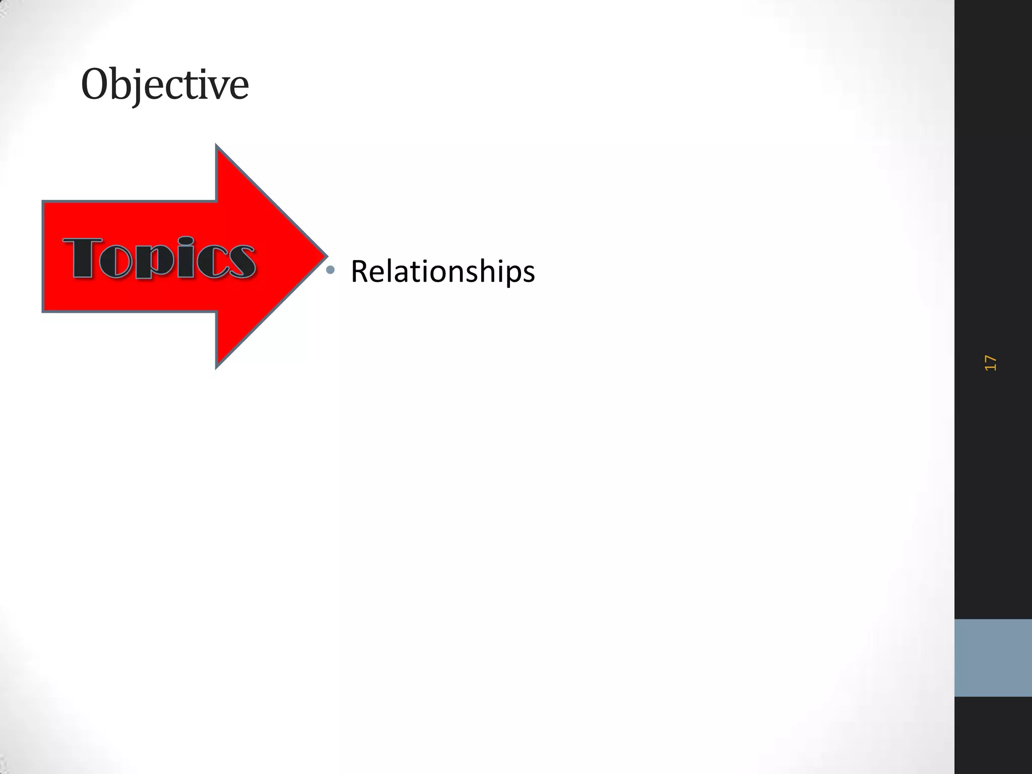 Objective
• Relationships
17
 