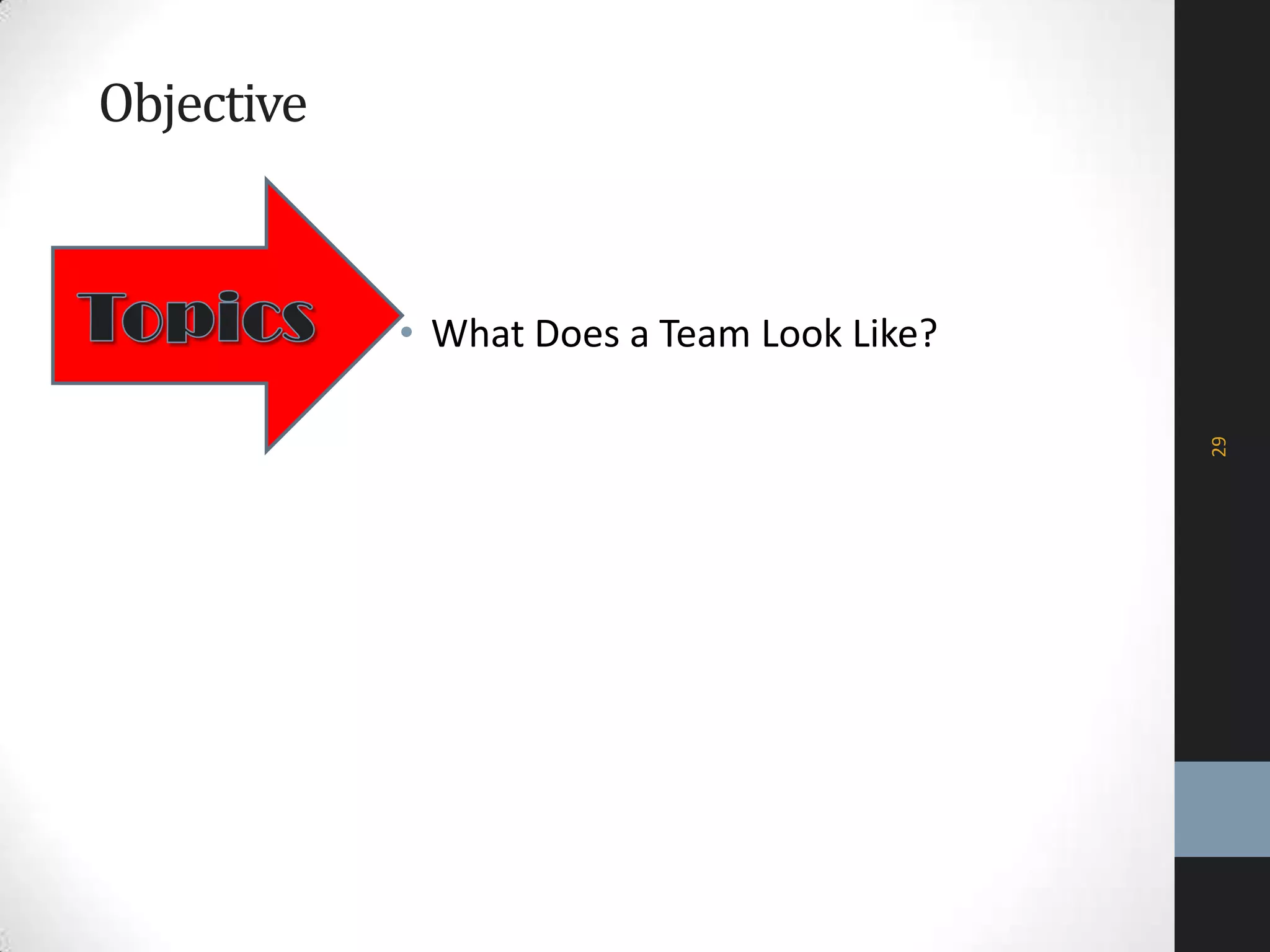 Objective
• What Does a Team Look Like?
29
 