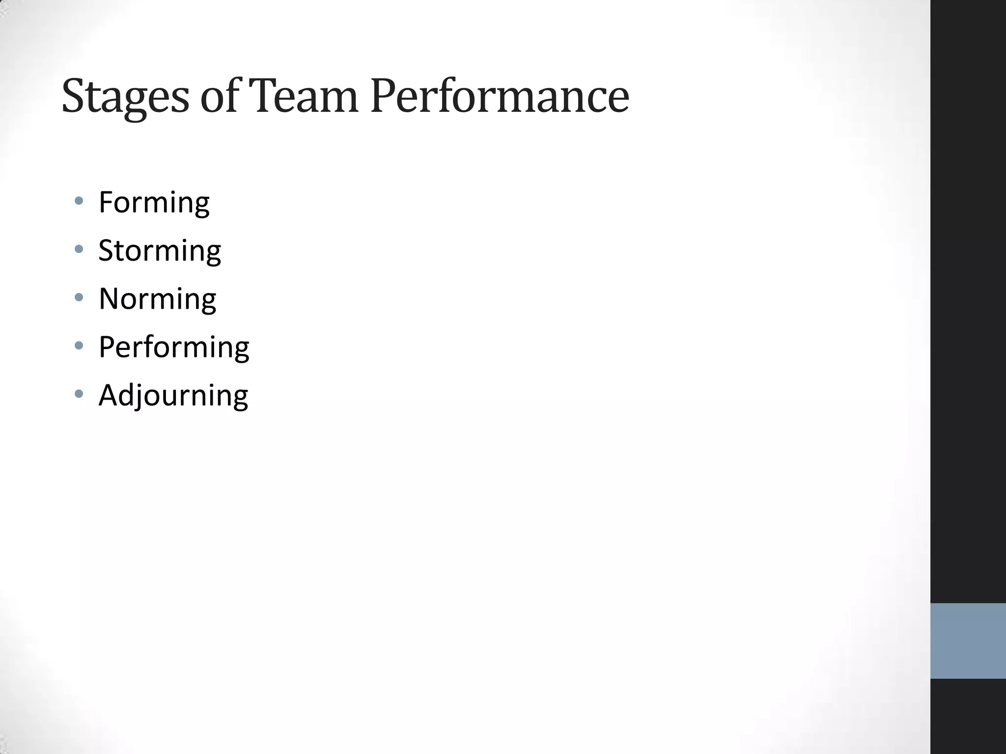 Stages of Team Performance
• Forming
• Storming
• Norming
• Performing
• Adjourning
 