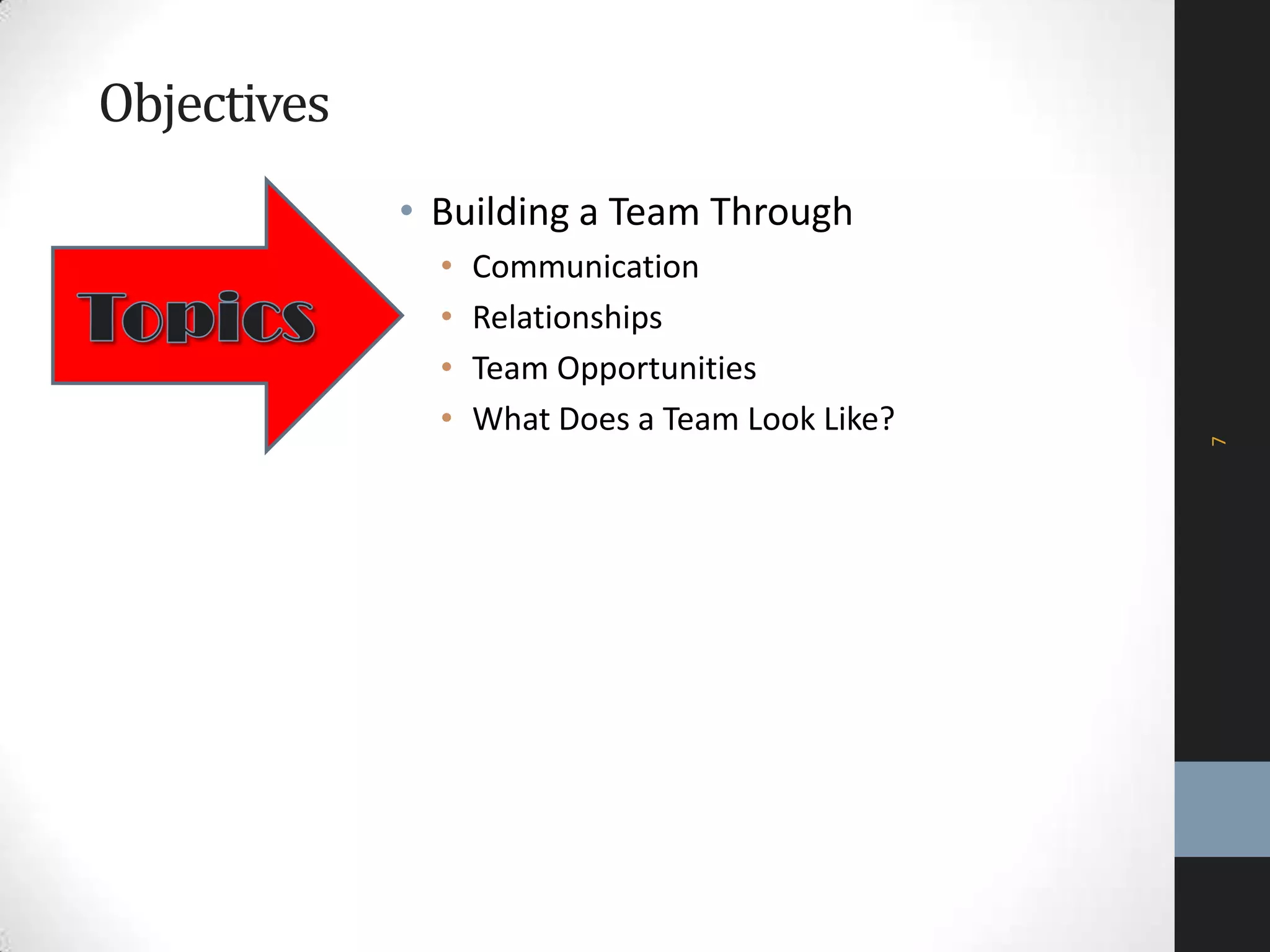 Objectives
• Building a Team Through
• Communication
• Relationships
• Team Opportunities
• What Does a Team Look Like?
7
 