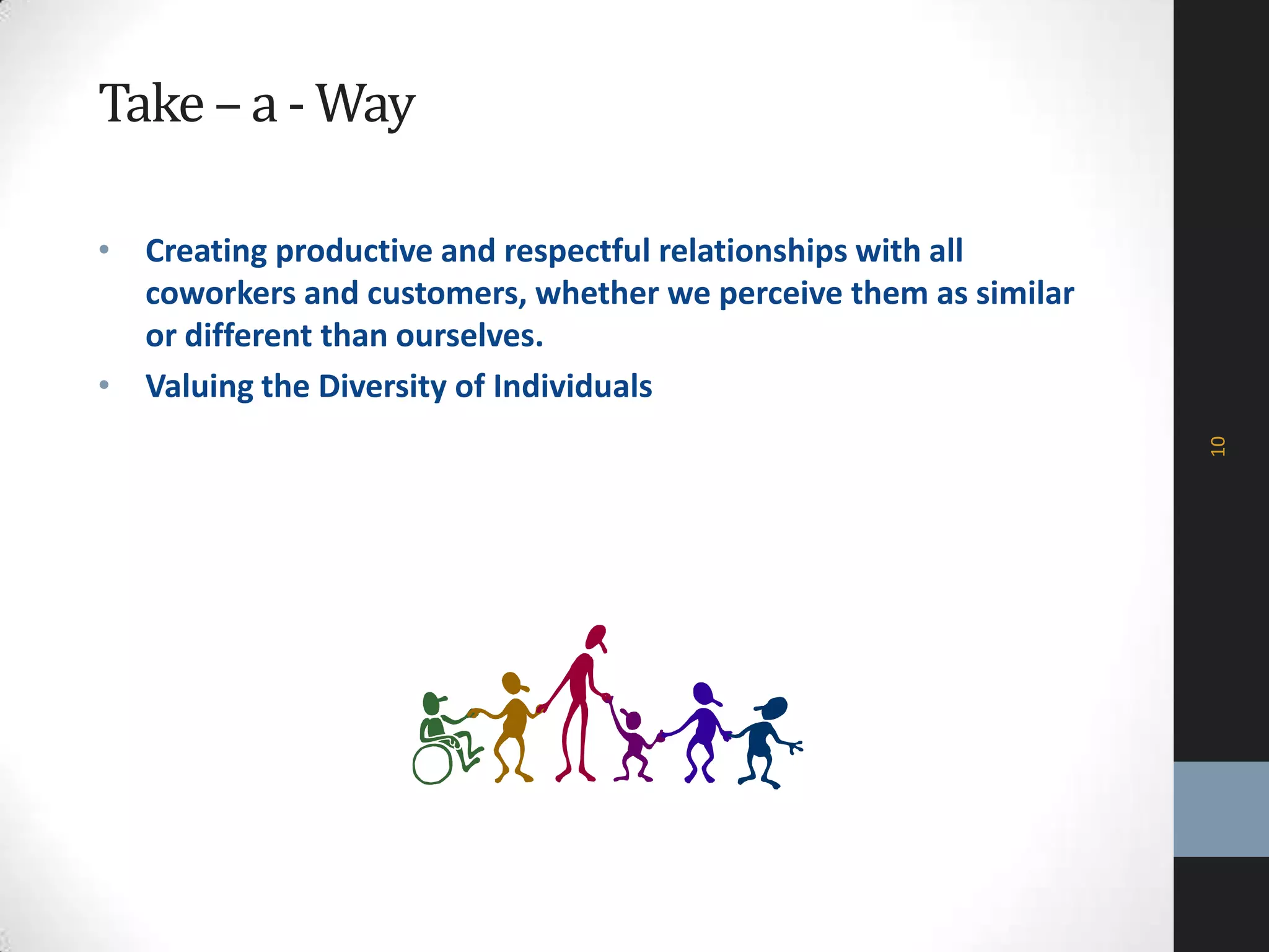 Take – a - Way
• Creating productive and respectful relationships with all
coworkers and customers, whether we perceive them as similar
or different than ourselves.
• Valuing the Diversity of Individuals
10
 