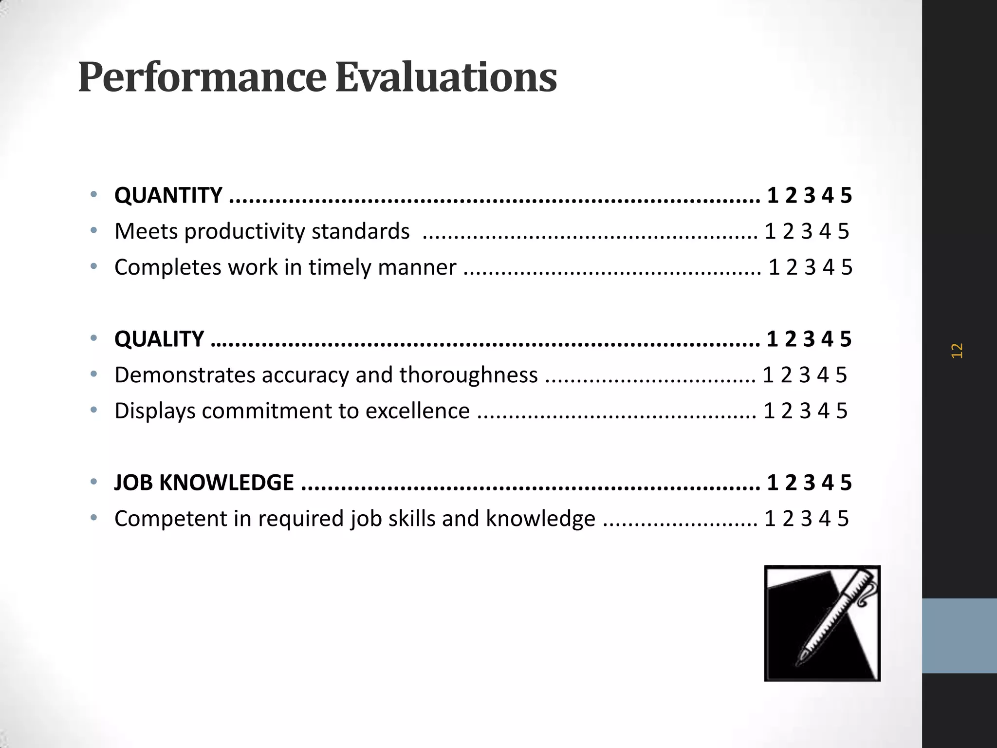 PerformanceEvaluations
• QUANTITY ................................................................................. 1 2 3 4 5
• Meets productivity standards ...................................................... 1 2 3 4 5
• Completes work in timely manner ................................................ 1 2 3 4 5
• QUALITY …................................................................................. 1 2 3 4 5
• Demonstrates accuracy and thoroughness .................................. 1 2 3 4 5
• Displays commitment to excellence ............................................. 1 2 3 4 5
• JOB KNOWLEDGE ...................................................................... 1 2 3 4 5
• Competent in required job skills and knowledge ......................... 1 2 3 4 5
12
 