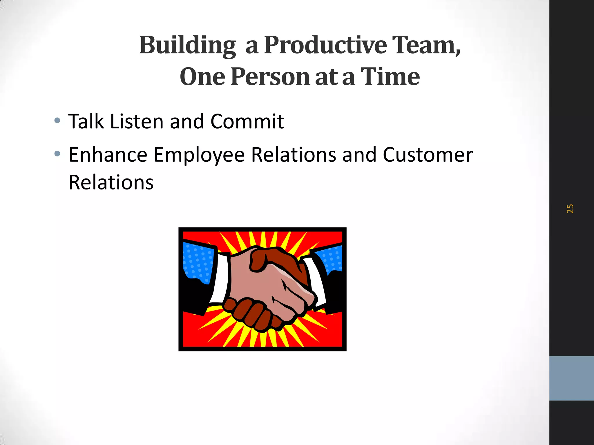 Building aProductiveTeam,
One Personat a Time
• Talk Listen and Commit
• Enhance Employee Relations and Customer
Relations
25
 