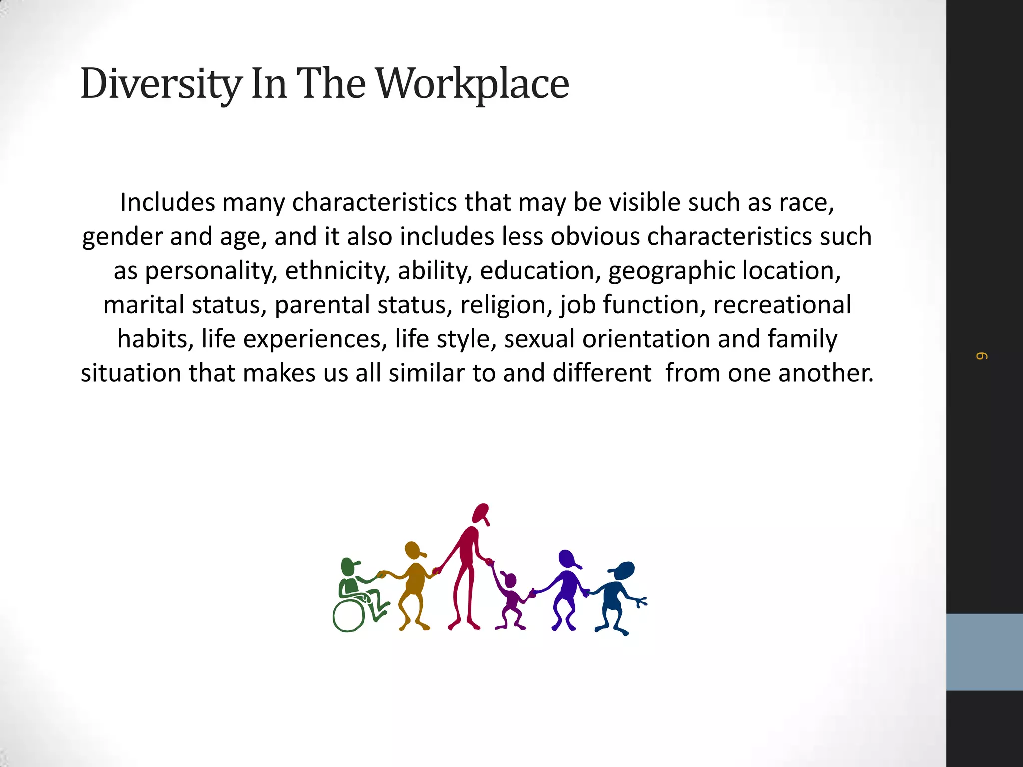 DiversityIn The Workplace
Includes many characteristics that may be visible such as race,
gender and age, and it also includes less obvious characteristics such
as personality, ethnicity, ability, education, geographic location,
marital status, parental status, religion, job function, recreational
habits, life experiences, life style, sexual orientation and family
situation that makes us all similar to and different from one another.
9
 