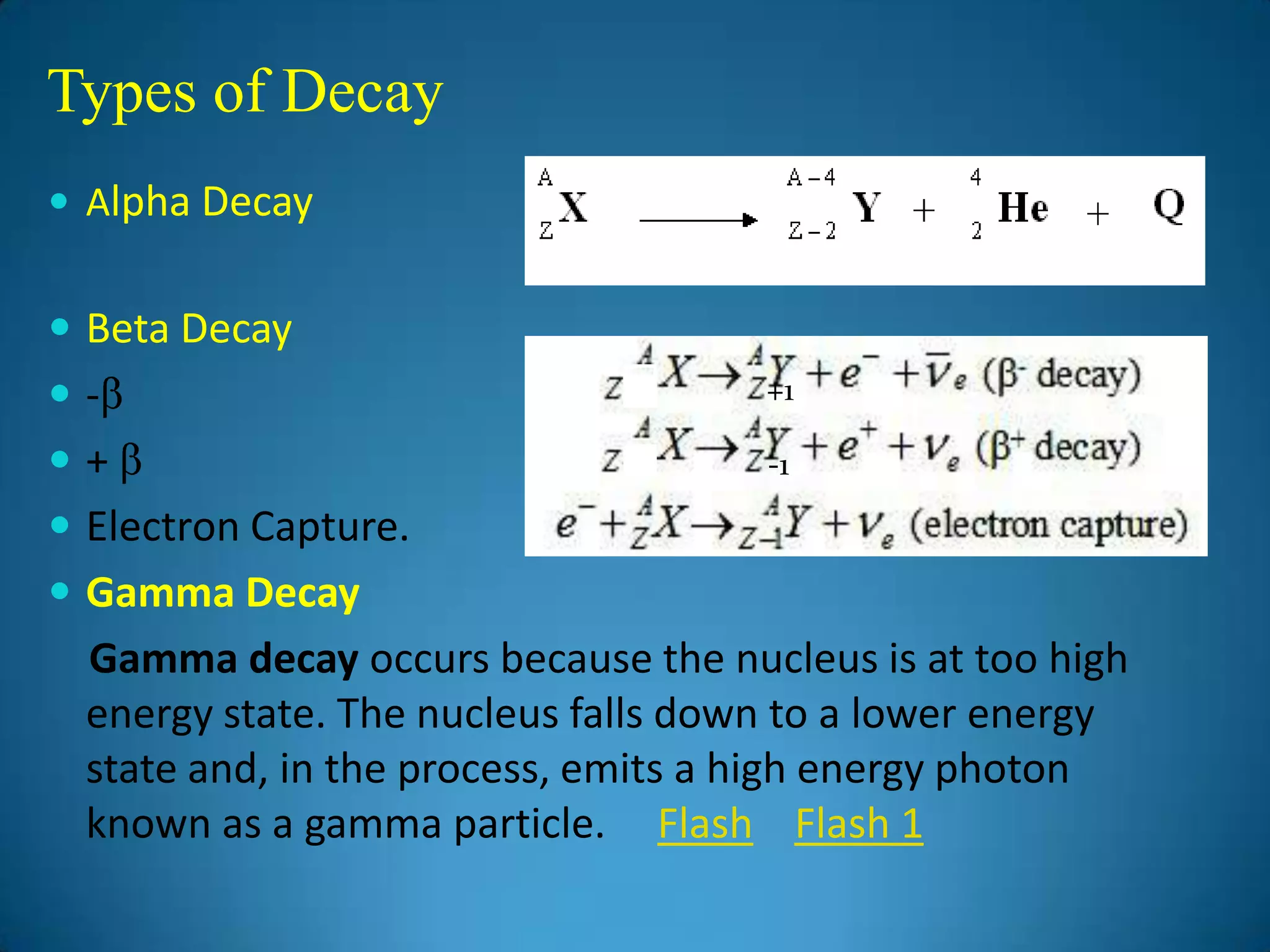 Types of Decay
 Alpha Decay


 Beta Decay
-                                  +1

+                                  -1

 Electron Capture.
 Gamma Decay
 Gamma decay occurs because the nucleus is at too high
 energy state. The nucleus falls down to a lower energy
 state and, in the process, emits a high energy photon
 known as a gamma particle. Flash Flash 1
 