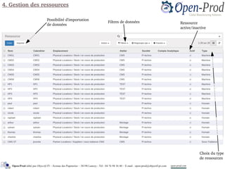 T
4. Gestion des ressources
Choix du type 
de ressources
Open-Prod édité par Objectif-PI – Avenue des Papeteries – 38190 Lancey - Tél : 04 76 98 36 40 – E-mail : open-prod@objectif-pi.com open-prod.com
Possibilité d'importation
de données Ressource 
active/inactive
Filtres de données
 