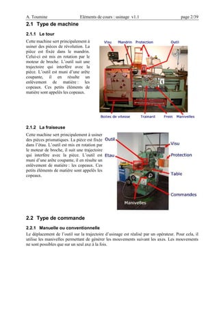 A. Toumine Eléments de cours : usinage v1.1 page 2/39
2.1 Type de machine
2.1.1 Le tour
Cette machine sert principalement à
usiner des pièces de révolution. La
pièce est fixée dans le mandrin.
Celui-ci est mis en rotation par le
moteur de broche. L’outil suit une
trajectoire qui interfère avec la
pièce. L’outil est muni d’une arête
coupante, il en résulte un
enlèvement de matière : les
copeaux. Ces petits éléments de
matière sont appelés les copeaux.
2.1.2 La fraiseuse
Cette machine sert principalement à usiner
des pièces prismatiques. La pièce est fixée
dans l’étau. L’outil est mis en rotation par
le moteur de broche, il suit une trajectoire
qui interfère avec la pièce. L’outil est
muni d’une arête coupante, il en résulte un
enlèvement de matière : les copeaux. Ces
petits éléments de matière sont appelés les
copeaux.
2.2 Type de commande
2.2.1 Manuelle ou conventionnelle
Le déplacement de l’outil sur la trajectoire d’usinage est réalisé par un opérateur. Pour cela, il
utilise les manivelles permettant de générer les mouvements suivant les axes. Les mouvements
ne sont possibles que sur un seul axe à la fois.
 