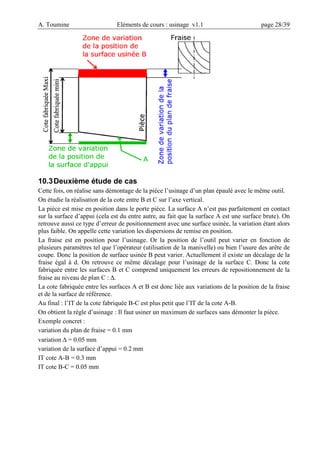 A. Toumine Eléments de cours : usinage v1.1 page 28/39
10.3Deuxième étude de cas
Cette fois, on réalise sans démontage de la pièce l’usinage d’un plan épaulé avec le même outil.
On étudie la réalisation de la cote entre B et C sur l’axe vertical.
La pièce est mise en position dans le porte pièce. La surface A n’est pas parfaitement en contact
sur la surface d’appui (cela est du entre autre, au fait que la surface A est une surface brute). On
retrouve aussi ce type d’erreur de positionnement avec une surface usinée, la variation étant alors
plus faible. On appelle cette variation les dispersions de remise en position.
La fraise est en position pour l’usinage. Or la position de l’outil peut varier en fonction de
plusieurs paramètres tel que l’opérateur (utilisation de la manivelle) ou bien l’usure des arête de
coupe. Donc la position de surface usinée B peut varier. Actuellement il existe un décalage de la
fraise égal à d. On retrouve ce même décalage pour l’usinage de la surface C. Donc la cote
fabriquée entre les surfaces B et C comprend uniquement les erreurs de repositionnement de la
fraise au niveau de plan C : ∆.
La cote fabriquée entre les surfaces A et B est donc liée aux variations de la position de la fraise
et de la surface de référence.
Au final : l’IT de la cote fabriquée B-C est plus petit que l’IT de la cote A-B.
On obtient la règle d’usinage : Il faut usiner un maximum de surfaces sans démonter la pièce.
Exemple concret :
variation du plan de fraise = 0.1 mm
variation ∆ = 0.05 mm
variation de la surface d’appui = 0.2 mm
IT cote A-B = 0.3 mm
IT cote B-C = 0.05 mm
 