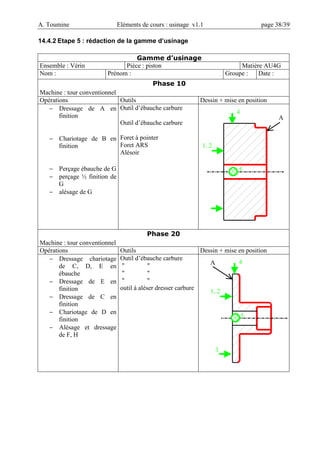 A. Toumine Eléments de cours : usinage v1.1 page 38/39
14.4.2 Etape 5 : rédaction de la gamme d’usinage
Gamme d’usinage
Ensemble : Vérin Pièce : piston Matière AU4G
Nom : Prénom : Groupe : Date :
Phase 10
Machine : tour conventionnel
Opérations Outils Dessin + mise en position
− Dressage de A en
finition
− Chariotage de B en
finition
− Perçage ébauche de G
− perçage ½ finition de
G
− alésage de G
Outil d’ébauche carbure
Outil d’ébauche carbure
Foret à pointer
Foret ARS
Alésoir
Phase 20
Machine : tour conventionnel
Opérations Outils Dessin + mise en position
− Dressage chariotage
de C, D, E en
ébauche
− Dressage de E en
finition
− Dressage de C en
finition
− Chariotage de D en
finition
− Alésage et dressage
de F, H
Outil d’ébauche carbure
" "
" "
" "
outil à aléser dresser carbure
4
1, 2
A
5
A 4
1, 2
3
5
 