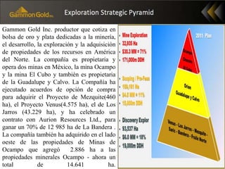Gammon Gold Inc. productor que cotiza en
bolsa de oro y plata dedicadas a la minería,
el desarrollo, la exploración y la adquisición
de propiedades de los recursos en América
del Norte. La compañía es propietaria y
opera dos minas en México, la mina Ocampo
y la mina El Cubo y también es propietaria
de la Guadalupe y Calvo. La Compañía ha
ejecutado acuerdos de opción de compra
para adquirir el Proyecto de Mezquite(460
ha), el Proyecto Venus(4.575 ha), el de Los
Jarros (43.229 ha), y ha celebrado un
contrato con Aurion Resources Ltd., para
ganar un 70% de 12 985 ha de La Bandera .
La compañía también ha adquirido en el lado
oeste de las propiedades de Minas de
Ocampo que agregó 2.886 ha a las
propiedades minerales Ocampo - ahora un
total de 14.641 ha.
 