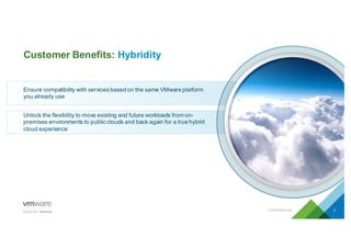 Unlock  the  flexibility  to  move  existing  and  future  workloads  from  on-­
premises  environments  to  public  clouds  and  back  again  for  a  true  hybrid  
cloud  experience
Ensure  compatibility  with  services  based  on  the  same  VMware  platform  
you  already  use
Customer  Benefits:  Hybridity
CONFIDENTIAL 3
 
