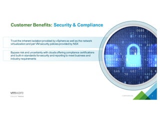 Bypass  risk  and  uncertainty  with  clouds  offering  compliance  certifications  
and  built-­in  standards  for  security  and  reporting  to  meet  business  and  
industry  requirements
Trust  the  inherent  isolation  provided  by  vSphere  as  well  as  the  network  
virtualization  and  per  VM  security  policies  provided  by  NSX
Customer  Benefits:  Security  &  Compliance
CONFIDENTIAL 4
 