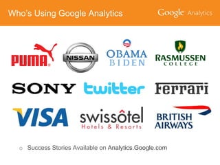 Who’s Using Google Analytics

o Success Stories Available on Analytics.Google.com

 