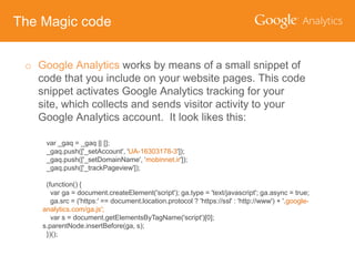 The Magic code
o Google Analytics works by means of a small snippet of
code that you include on your website pages. This code
snippet activates Google Analytics tracking for your
site, which collects and sends visitor activity to your
Google Analytics account. It look likes this:
var _gaq = _gaq || [];
_gaq.push(['_setAccount', 'UA-16303178-3']);
_gaq.push(['_setDomainName', ‘mobinnet.ir']);
_gaq.push(['_trackPageview']);
(function() {
var ga = document.createElement('script'); ga.type = 'text/javascript'; ga.async = true;
ga.src = ('https:' == document.location.protocol ? 'https://ssl' : 'http://www') + '.googleanalytics.com/ga.js';
var s = document.getElementsByTagName('script')[0];
s.parentNode.insertBefore(ga, s);
})();

 