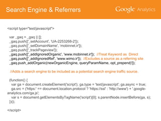 Search Engine & Referrers
<script type="text/javascript">
var _gaq = _gaq || [];
_gaq.push(['_setAccount', 'UA-2253268-2']);
_gaq.push(['_setDomainName', ‘mobinnet.ir']);
_gaq.push(['_trackPageview']);
_gaq.push(['_addIgnoredOrganic', 'www.mobinnet.ir']); //Treat Keyword as Direct
_gaq.push(['_addIgnoredRef', 'www.wimo.ir']); //Excludes a source as a referring site
_gaq.push_addOrganic(newOrganicEngine, queryParamName, opt_prepend)']);
//Adds a search engine to be included as a potential search engine traffic source.
(function() {
var ga = document.createElement('script'); ga.type = 'text/javascript'; ga.async = true;
ga.src = ('https:' == document.location.protocol ? 'https://ssl' : 'http://www') + '.googleanalytics.com/ga.js';
var s = document.getElementsByTagName('script')[0]; s.parentNode.insertBefore(ga, s);
})();

</script>

 
