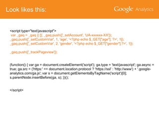Look likes this:
<script type="text/javascript">
var _gaq = _gaq || []; _gaq.push(['_setAccount', 'UA-xxxxxx-XX']);
_gaq.push(['_setCustomVar', 1, 'age', '<?php echo $_GET["age"]; ?>', 1]);
_gaq.push(['_setCustomVar', 2, 'gender', '<?php echo $_GET["gender"];?>', 1]);
_gaq.push(['_trackPageview']);
(function() { var ga = document.createElement('script'); ga.type = 'text/javascript'; ga.async =
true; ga.src = ('https:' == document.location.protocol ? 'https://ssl' : 'http://www') + '.googleanalytics.com/ga.js'; var s = document.getElementsByTagName('script')[0];
s.parentNode.insertBefore(ga, s); })();
</script>

 