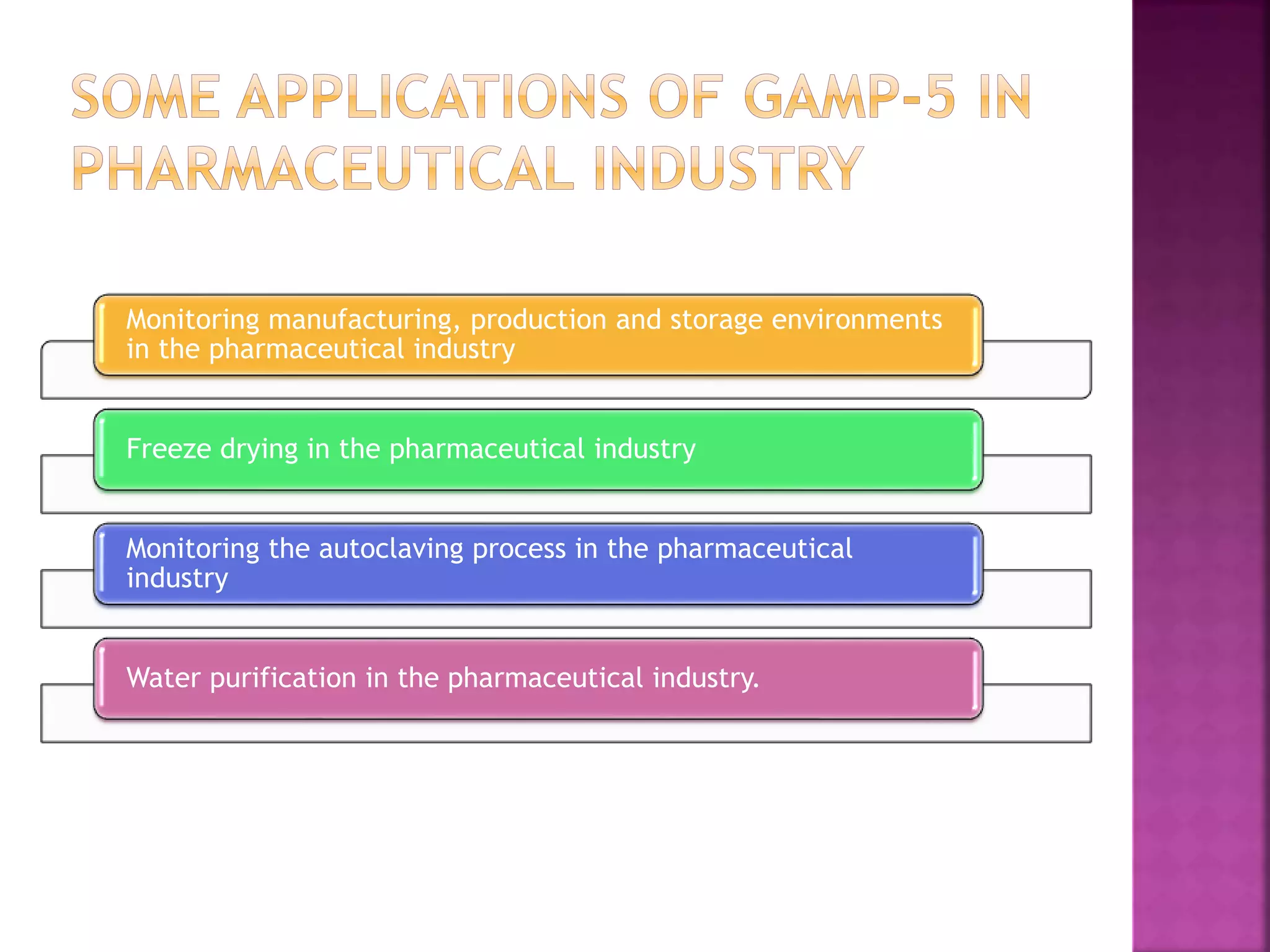 Monitoring manufacturing, production and storage environments
in the pharmaceutical industry
Freeze drying in the pharmaceutical industry
Monitoring the autoclaving process in the pharmaceutical
industry
Water purification in the pharmaceutical industry.
 