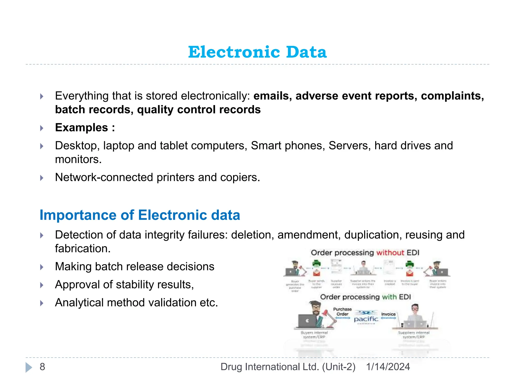 Electronic Data
1/14/2024
Drug International Ltd. (Unit-2)
8
 Everything that is stored electronically: emails, adverse event reports, complaints,
batch records, quality control records
 Examples :
 Desktop, laptop and tablet computers, Smart phones, Servers, hard drives and
monitors.
 Network-connected printers and copiers.
Importance of Electronic data
 Detection of data integrity failures: deletion, amendment, duplication, reusing and
fabrication.
 Making batch release decisions
 Approval of stability results,
 Analytical method validation etc.
 
