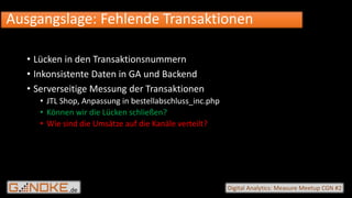 .de Digital Analytics: Measure Meetup CGN #2
• Lücken in den Transaktionsnummern
• Inkonsistente Daten in GA und Backend
• Serverseitige Messung der Transaktionen
• JTL Shop, Anpassung in bestellabschluss_inc.php
• Können wir die Lücken schließen?
• Wie sind die Umsätze auf die Kanäle verteilt?
Ausgangslage: Fehlende Transaktionen
 