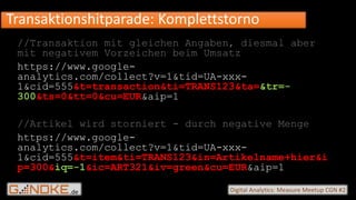 .de Digital Analytics: Measure Meetup CGN #2
//Transaktion mit gleichen Angaben, diesmal aber
mit negativem Vorzeichen beim Umsatz
https://www.google-
analytics.com/collect?v=1&tid=UA-xxx-
1&cid=555&t=transaction&ti=TRANS123&ta=&tr=-
300&ts=0&tt=0&cu=EUR&aip=1
//Artikel wird storniert - durch negative Menge
https://www.google-
analytics.com/collect?v=1&tid=UA-xxx-
1&cid=555&t=item&ti=TRANS123&in=Artikelname+hier&i
p=300&iq=-1&ic=ART321&iv=green&cu=EUR&aip=1
Transaktionshitparade: Komplettstorno
 